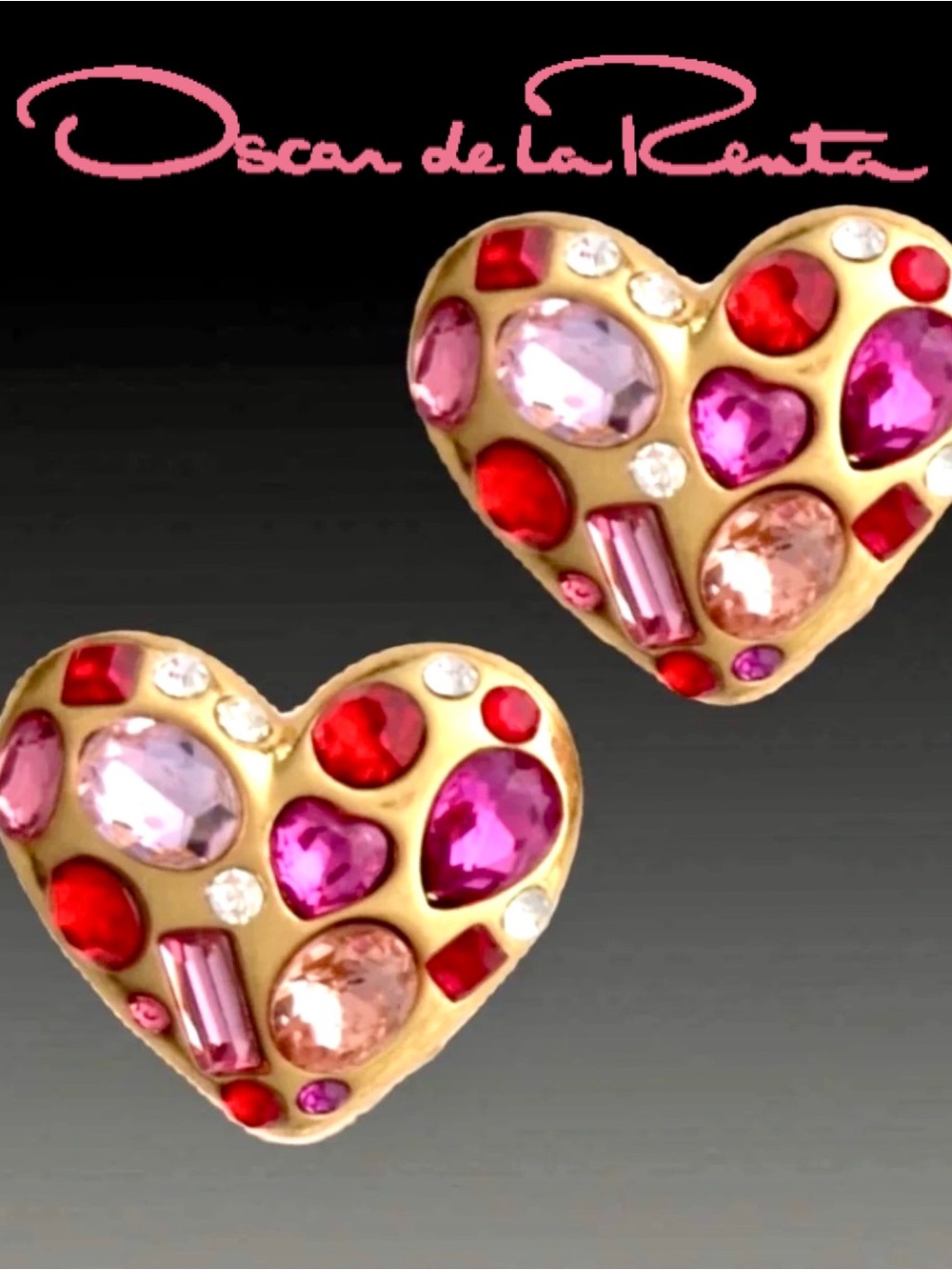 Oscar de la Renta CRYSTAL GEMSTONE HEART EARRINGS 💕Pink/Red Sparkling💕CLIP-ON